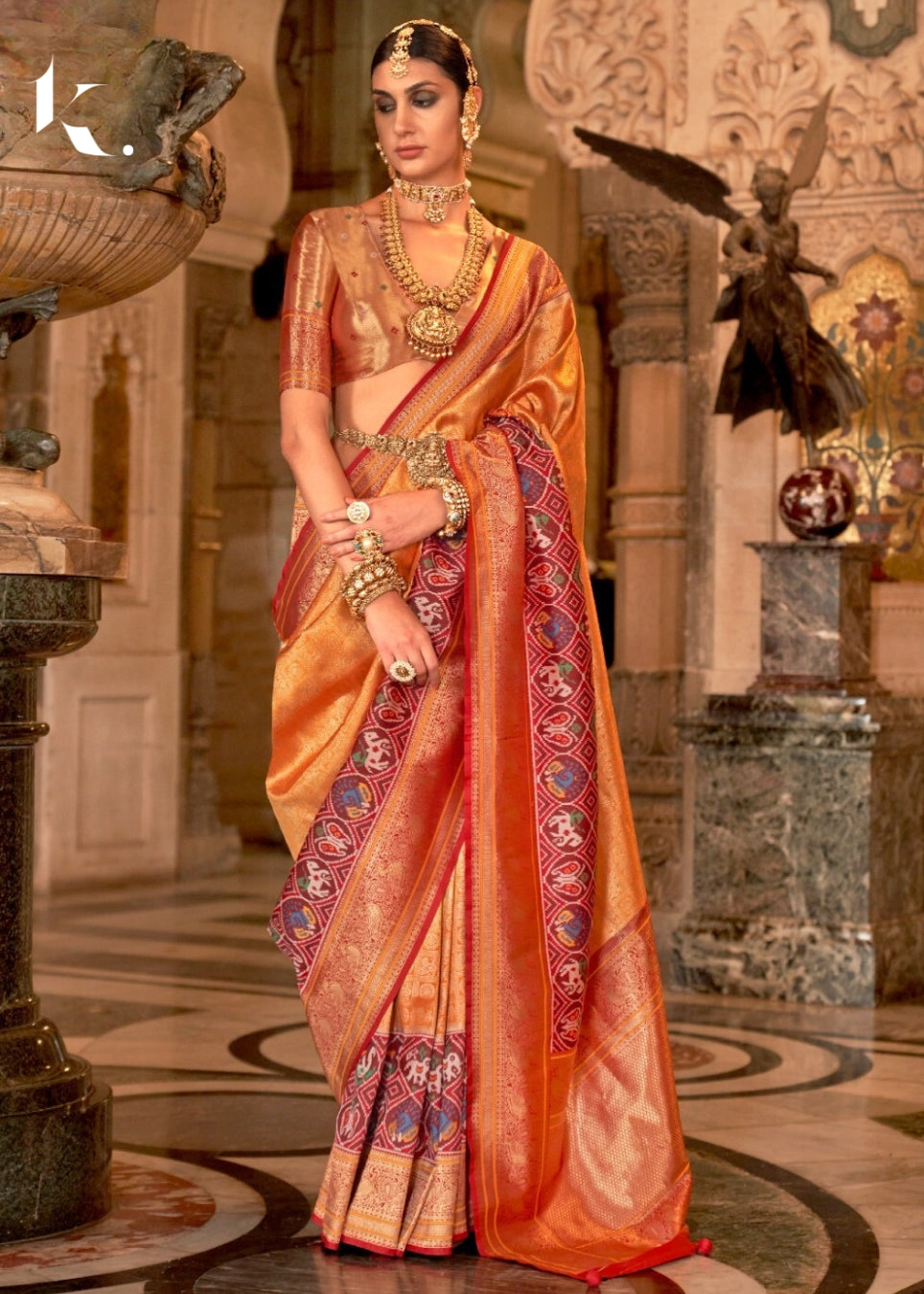 Orange Silk Banarasi Brocade Meenakari Design Zari Wedding Wear Saree - Ikonikbez