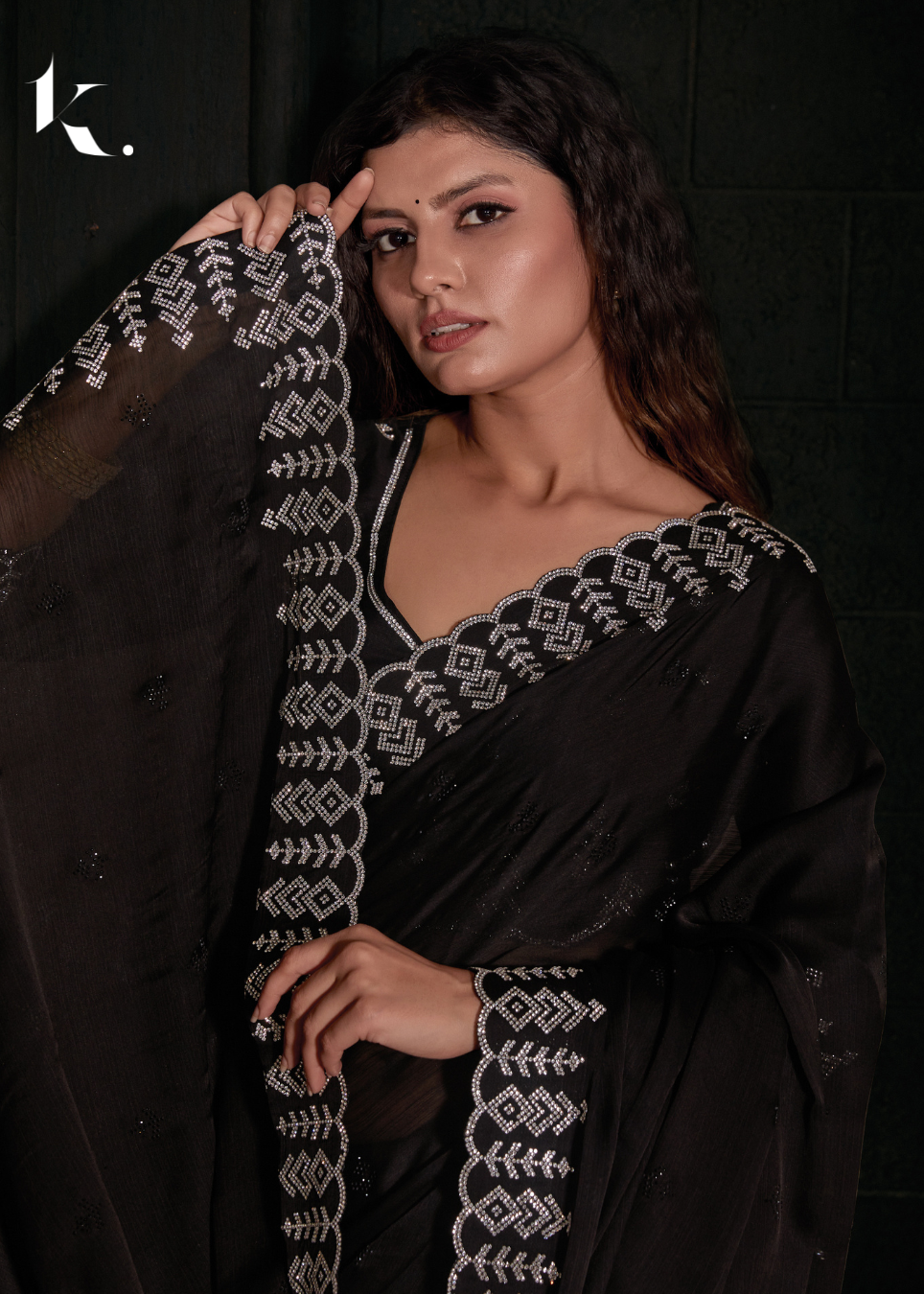 Party Wear Black Satin Chiffon Saree with Heavy Zircon cutwork Border - ikonikbez