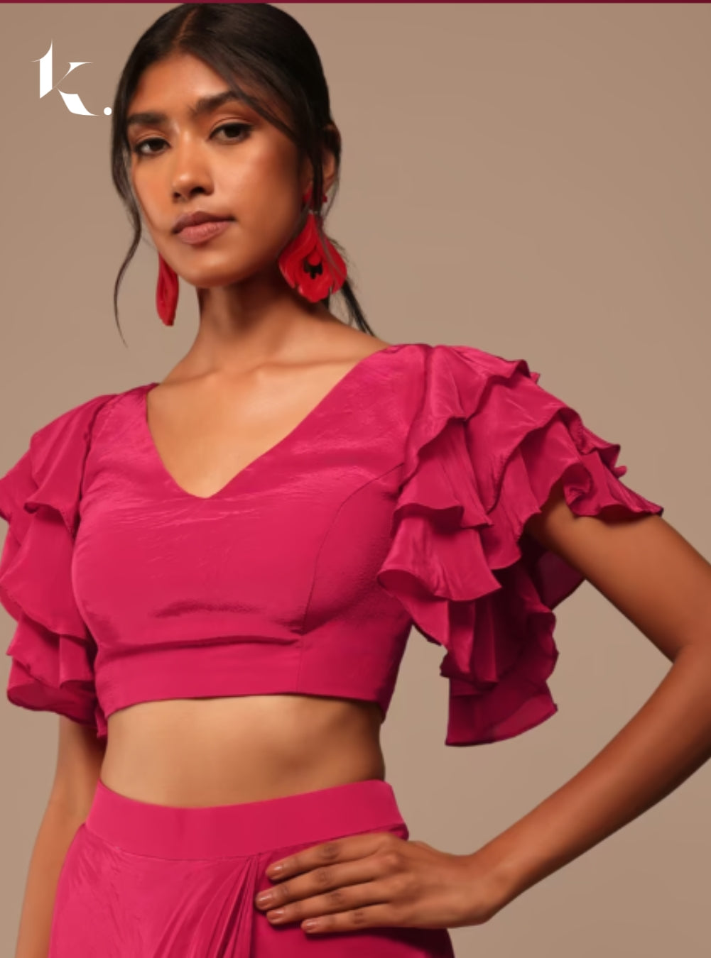 Designer Pink Crepe Deep V Neckline Ruffle Sleeve Custom Blouse – Ikonikbez