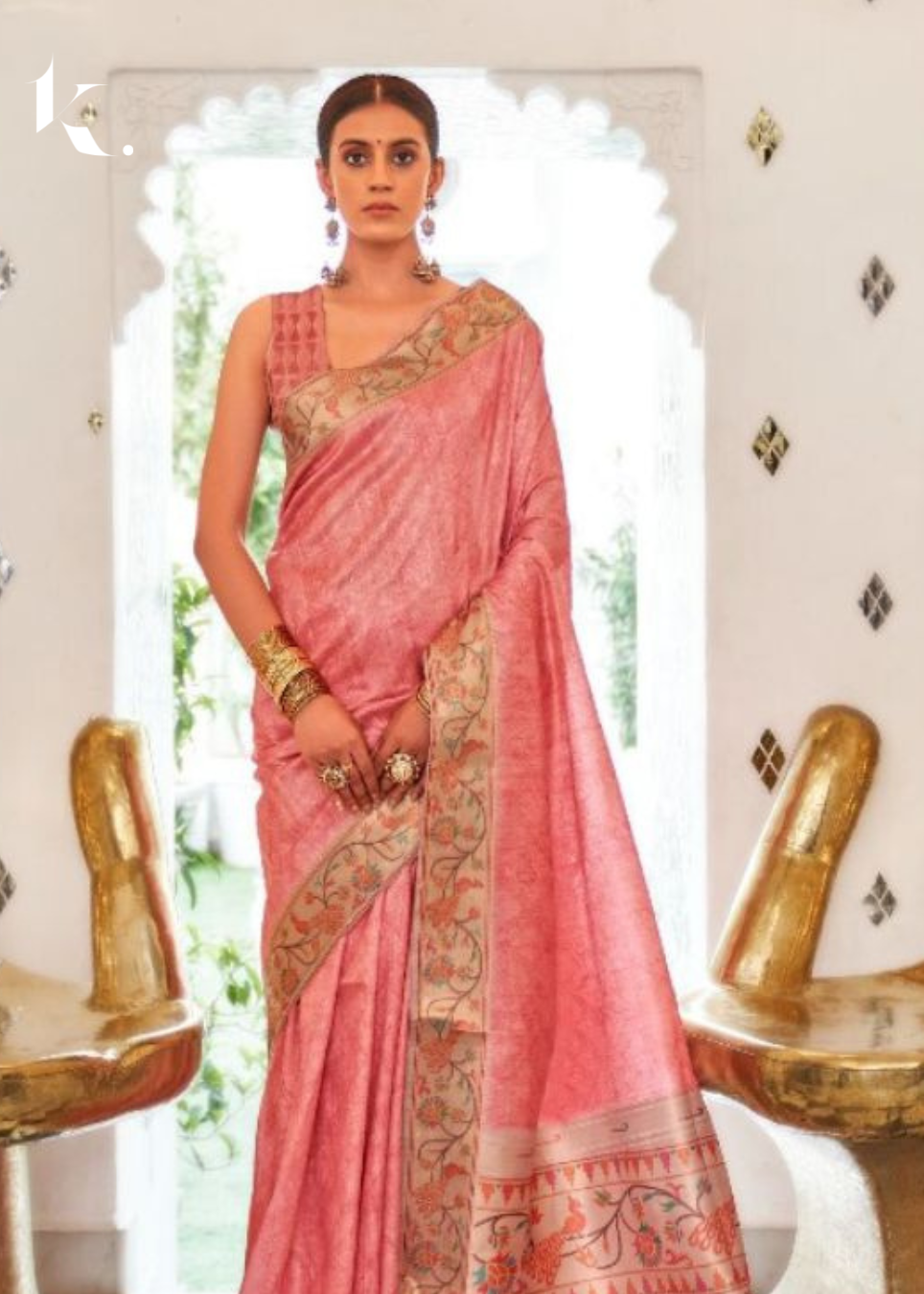 Pink Imported Fabric Self Design Border Digital Printed Wedding Wear Saree - Ikonikbez
