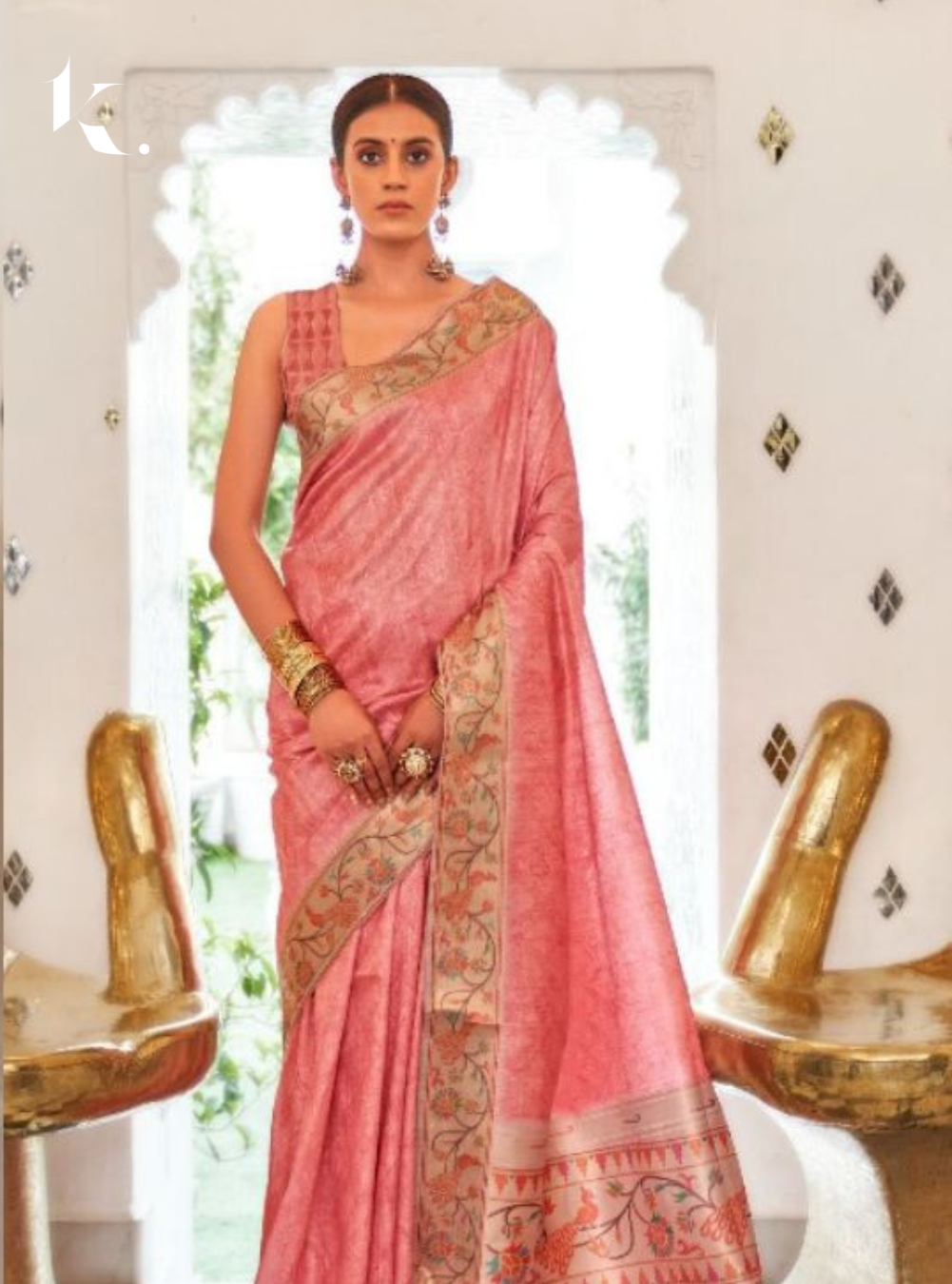 Pink Imported Fabric Self Design Border Digital Printed Wedding Wear Saree - Ikonikbez