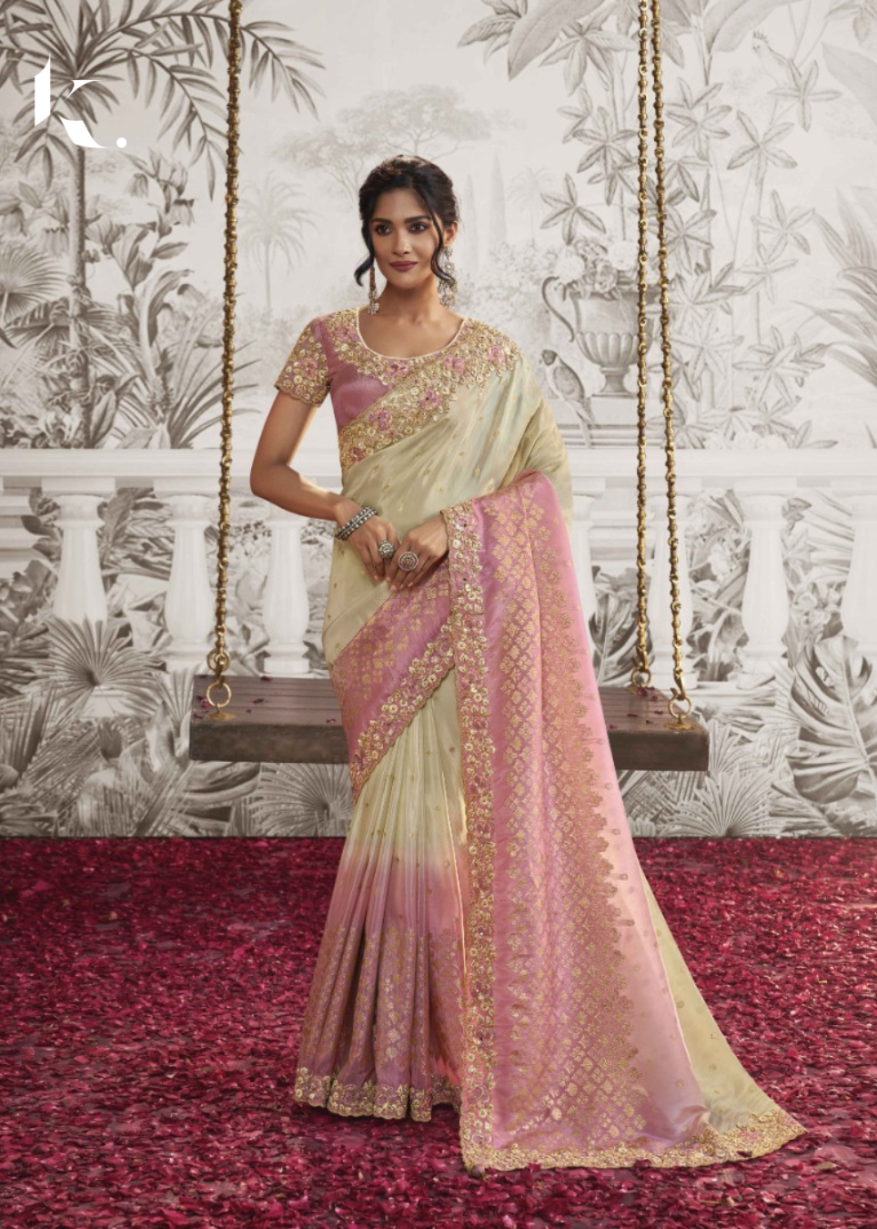 Pink-White Pure Viscose Sequins With thread Embroidered Wedding Wear Saree - Ikonikbez