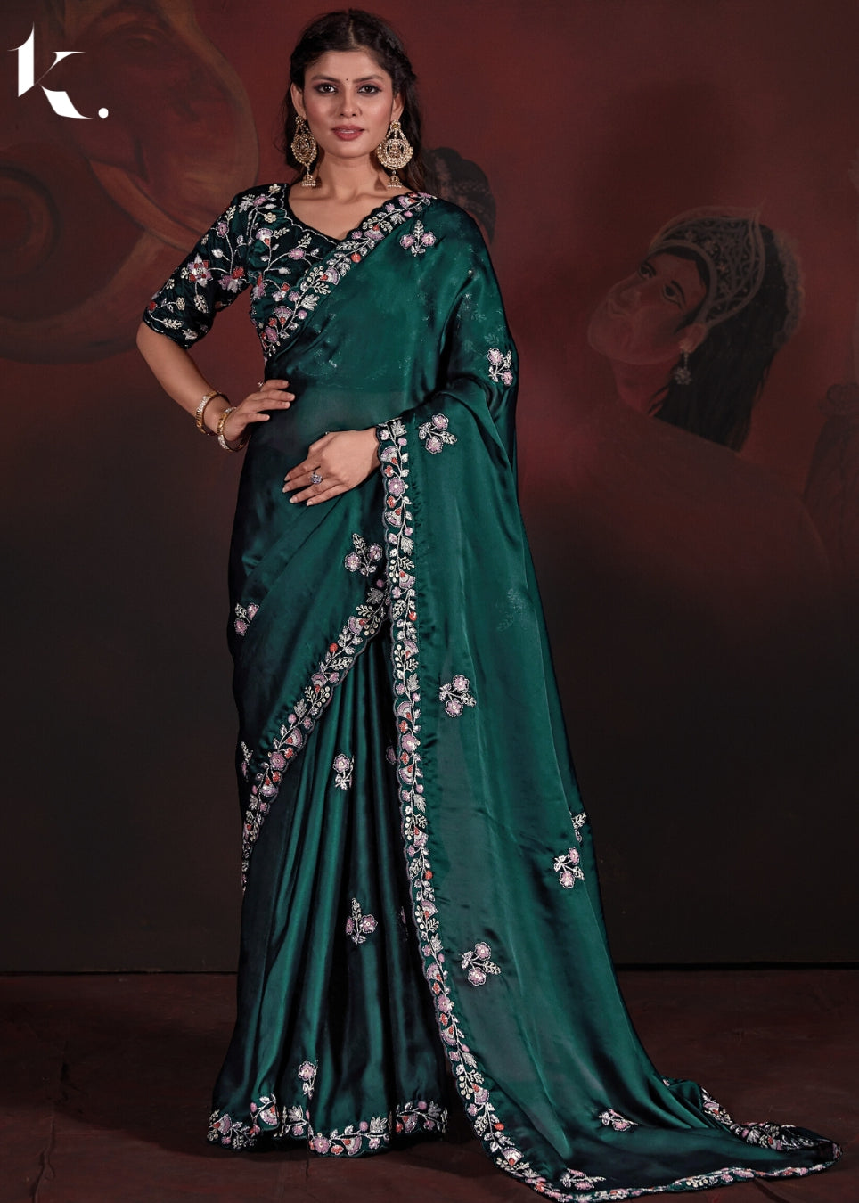 Green Pure Satin Georgette Blooming Fabric With Heavy Sequins Embroidery Cutwork Border Saree With Stitched Blouse