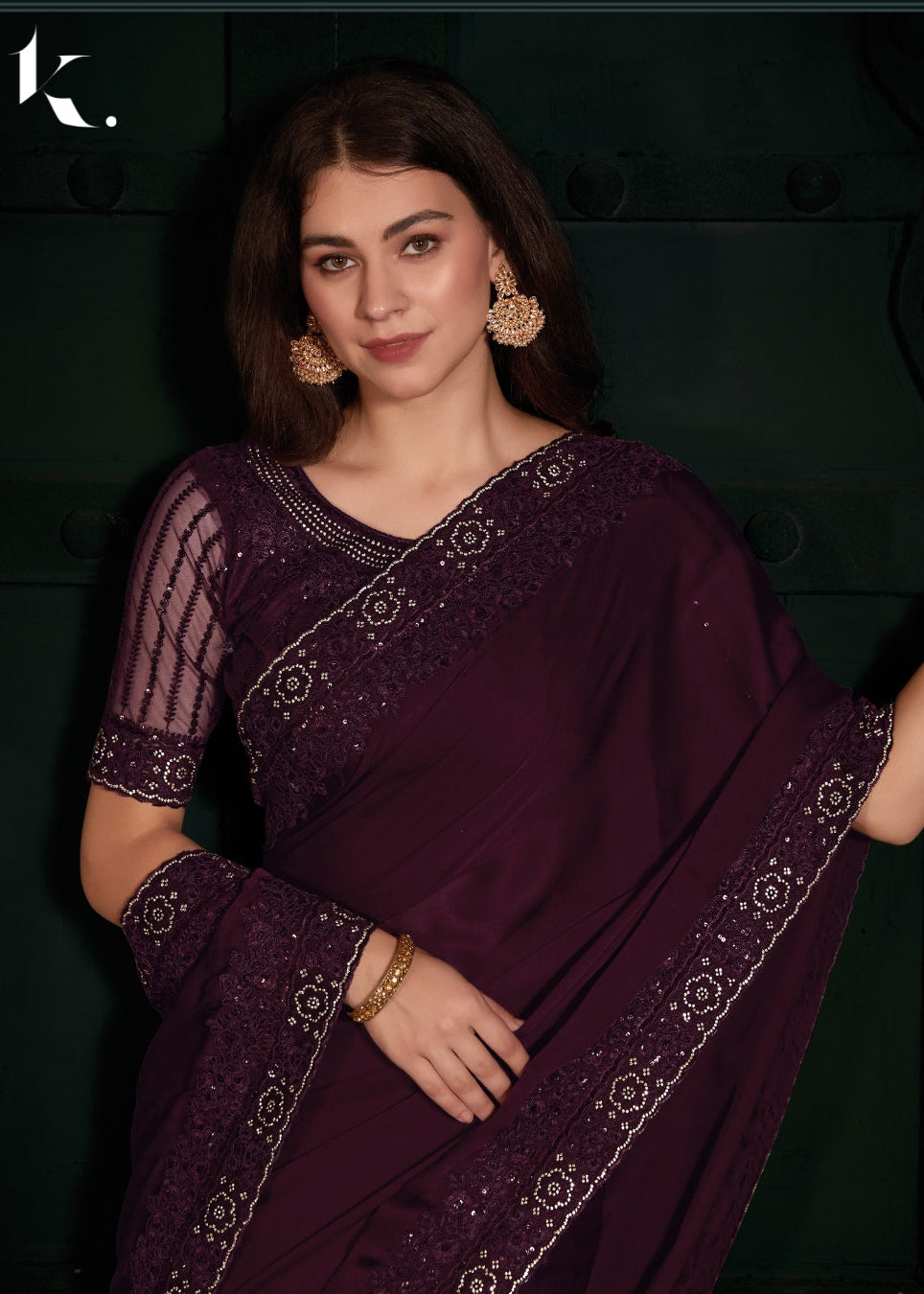 Wine Pure Satin Georgette With Heavy Sequins Embroidery And Handwork Zircon Cutwork Saree -ikonikbez