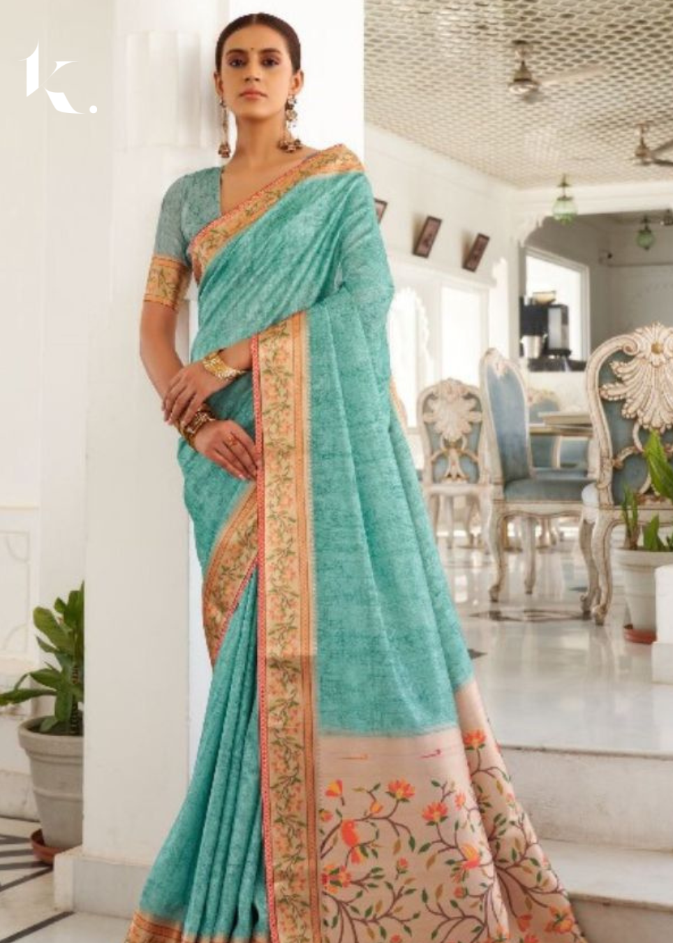 Sky Blue Imported Fabric Self Design Border Digital Printed Daily and Casual Wear Saree - Ikonikbez