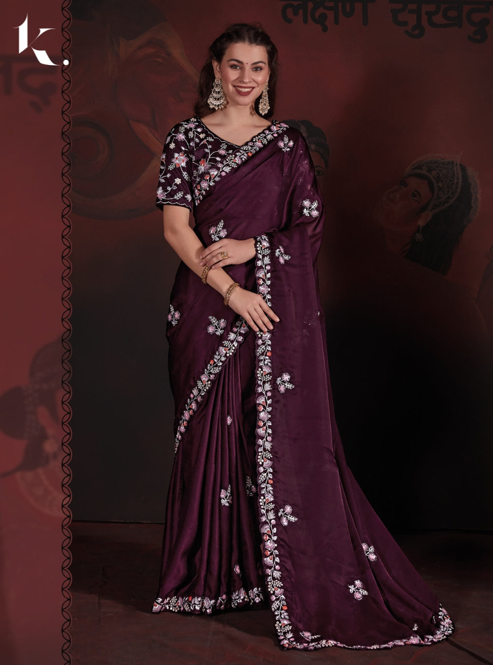 Wine Pure Satin Georgette Blooming Fabric With Heavy Sequins Embroidery Cutwork Border Saree With Stitched Blouse