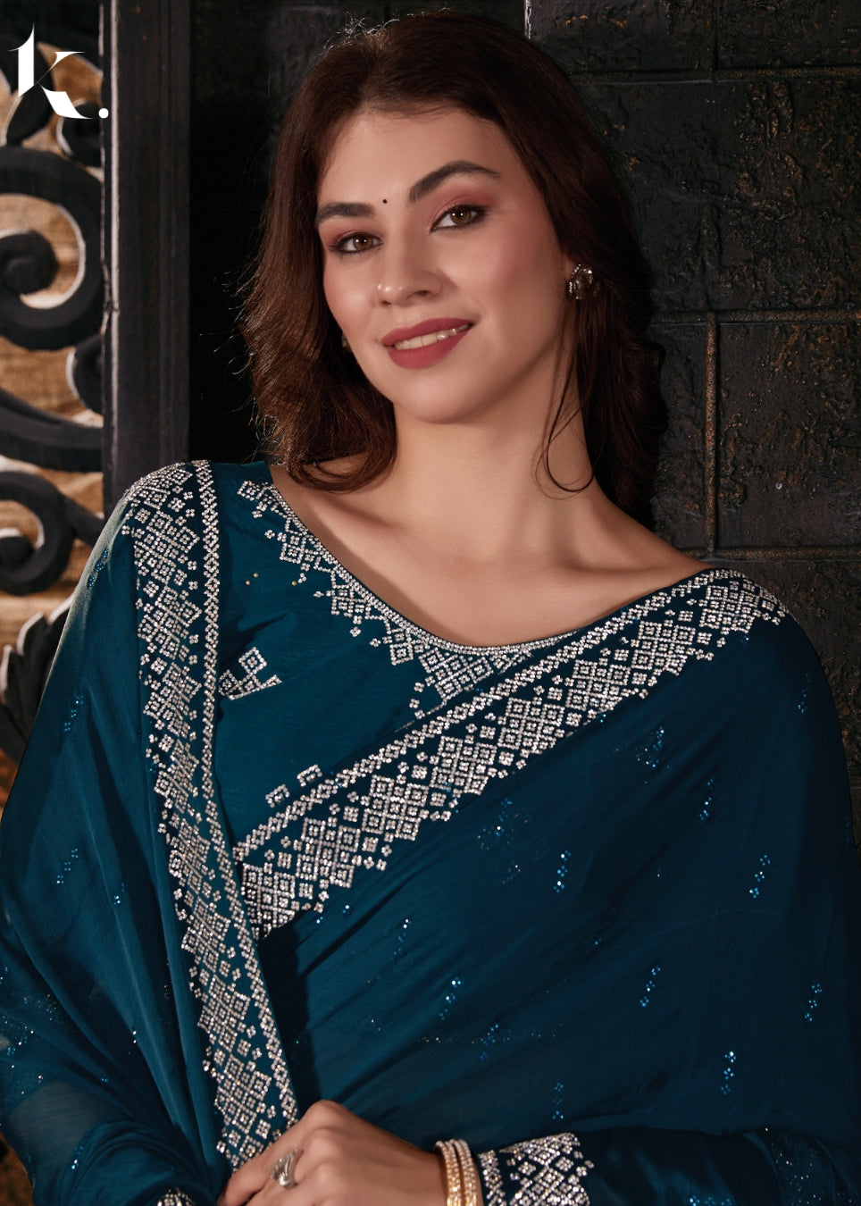 Designer Teal Blue Satin Chiffon heavy Diamond work saree for Wedding - Party - Ikonikbez