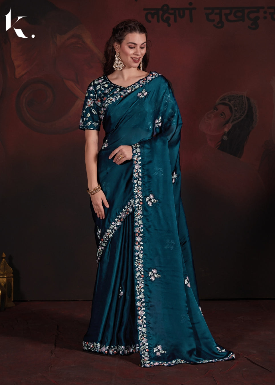 Teal Blue Pure Satin Georgette Blooming Fabric With Heavy Sequins Embroidery Cutwork Border Saree With Stitched Blouse