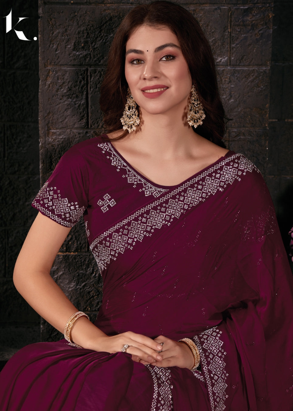 Designer Maroon Satin Chiffon heavy Diamond work saree for Wedding - Party - ikonikbez