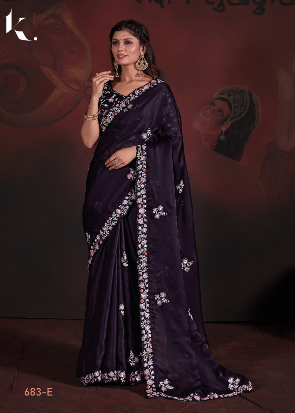 Violet Pure Satin Georgette Blooming Fabric With Heavy Sequins Embroidery Cutwork Border Saree With Stitched Blouse