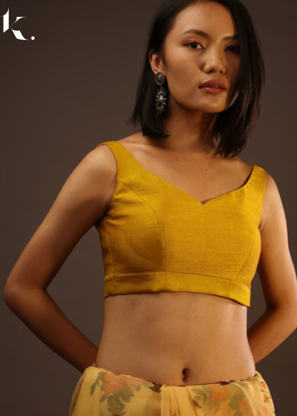 Mustard Yellow Sweetheart Neck Raw Silk Sleeveless Made To Order Seeveless Blouse for saree - Ikonikbez