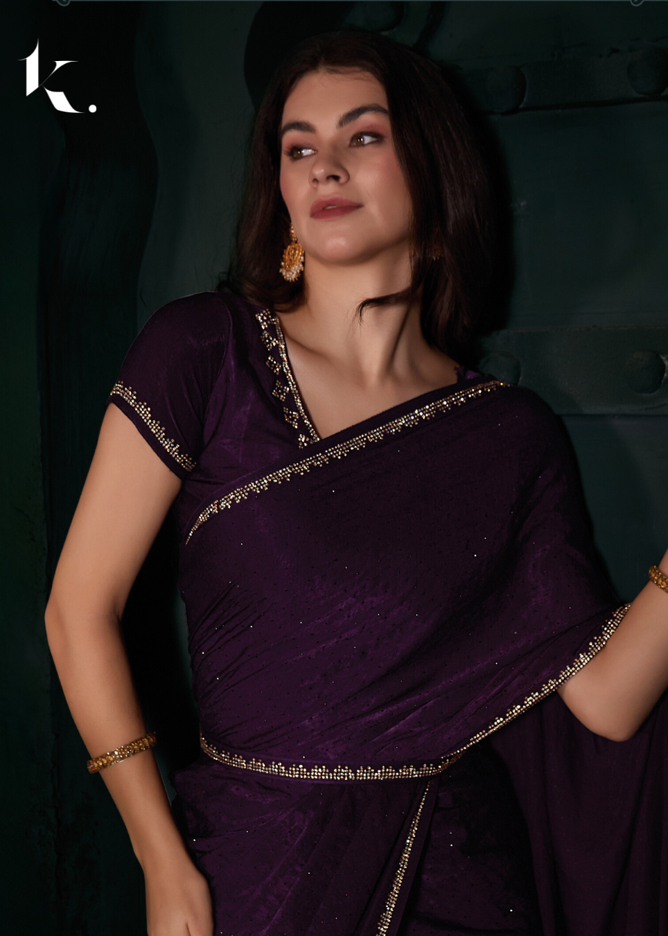 Violet Imported Velvet Fabric With Swarovski Work Sprinkled All Over The Body And Handwork Zircon Border Saree