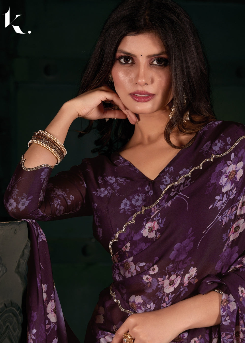 Violet Satin Georgette Fabric With Stone Work Party Wear Saree