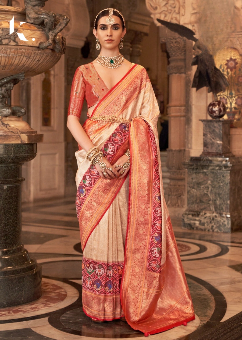Beige Silk Banarasi Brocade Meenakari Design Zari Weaving Wedding wearSaree