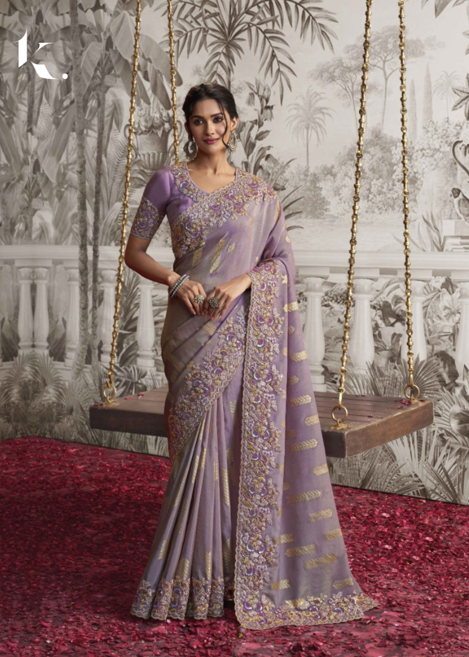 Trendy and Classic Lavender Pure Viscose Sequins With thread Embroidered Saree