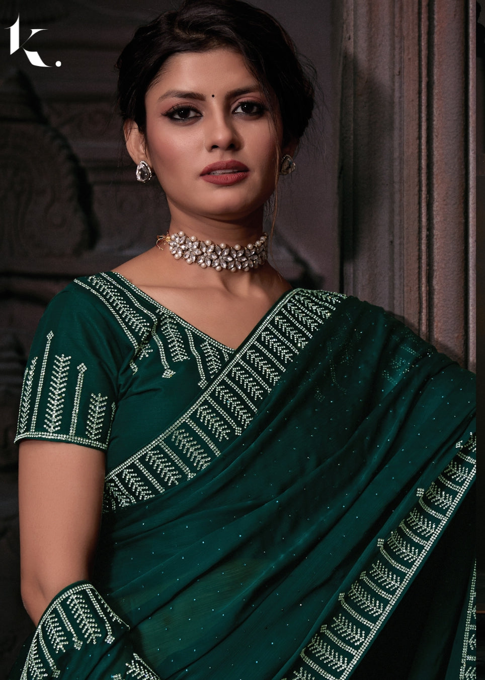 Wedding Special Designer Teal Green Satin Chiffon saree with Heavy Handwork Zircon Border - ikonikbez