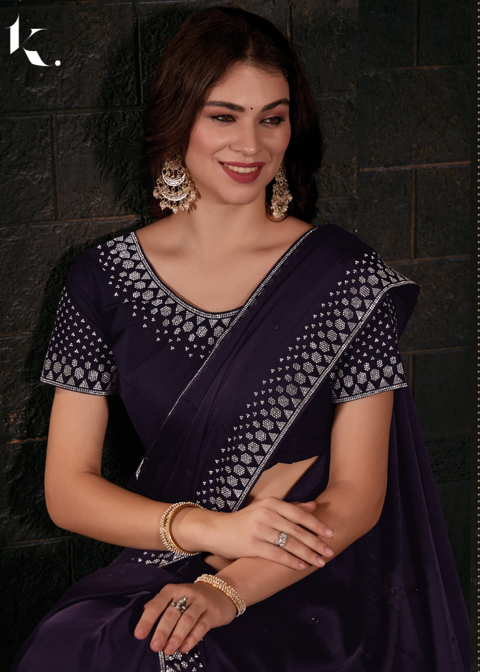 Violet Pure Satin Chiffon Blooming Fabric with Heavy Handwork Zircon Border Saree