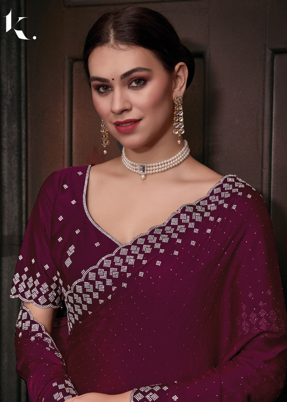 Trending maroon Satin Chiffon Heavy Diamond Work Saree for Wedding-Party - ikonikbez