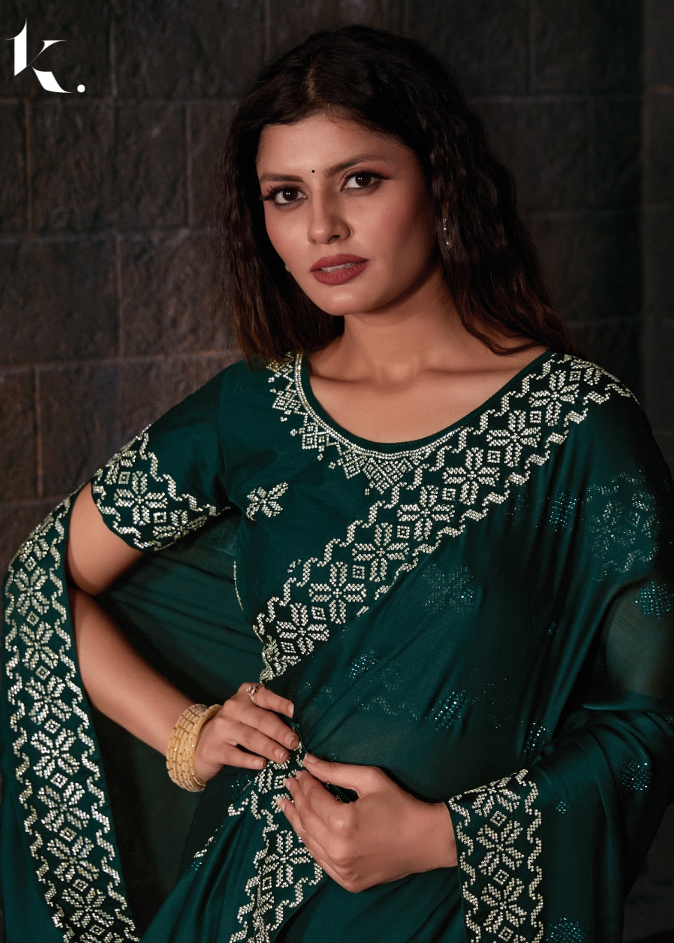 Elegant Teal Green Satin Chiffon Heavy Zircon(Diamond) work Saree for Wedding-Parties - ikonikbez