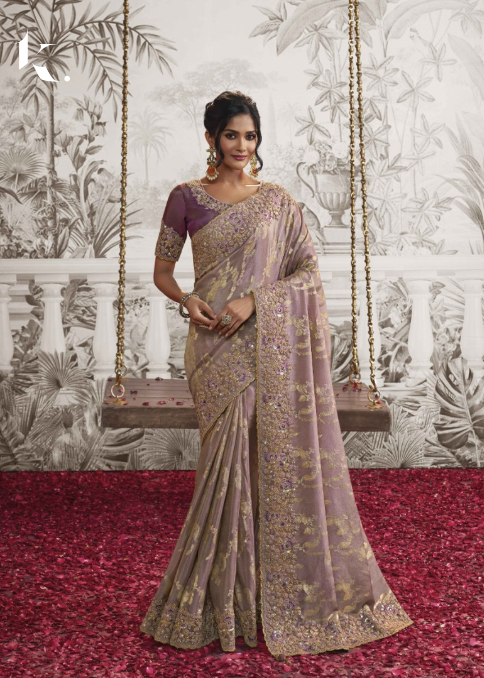 Onion Pure Viscose Sequins With thread Embroidered Wedding Wear Saree - Ikonikbez 