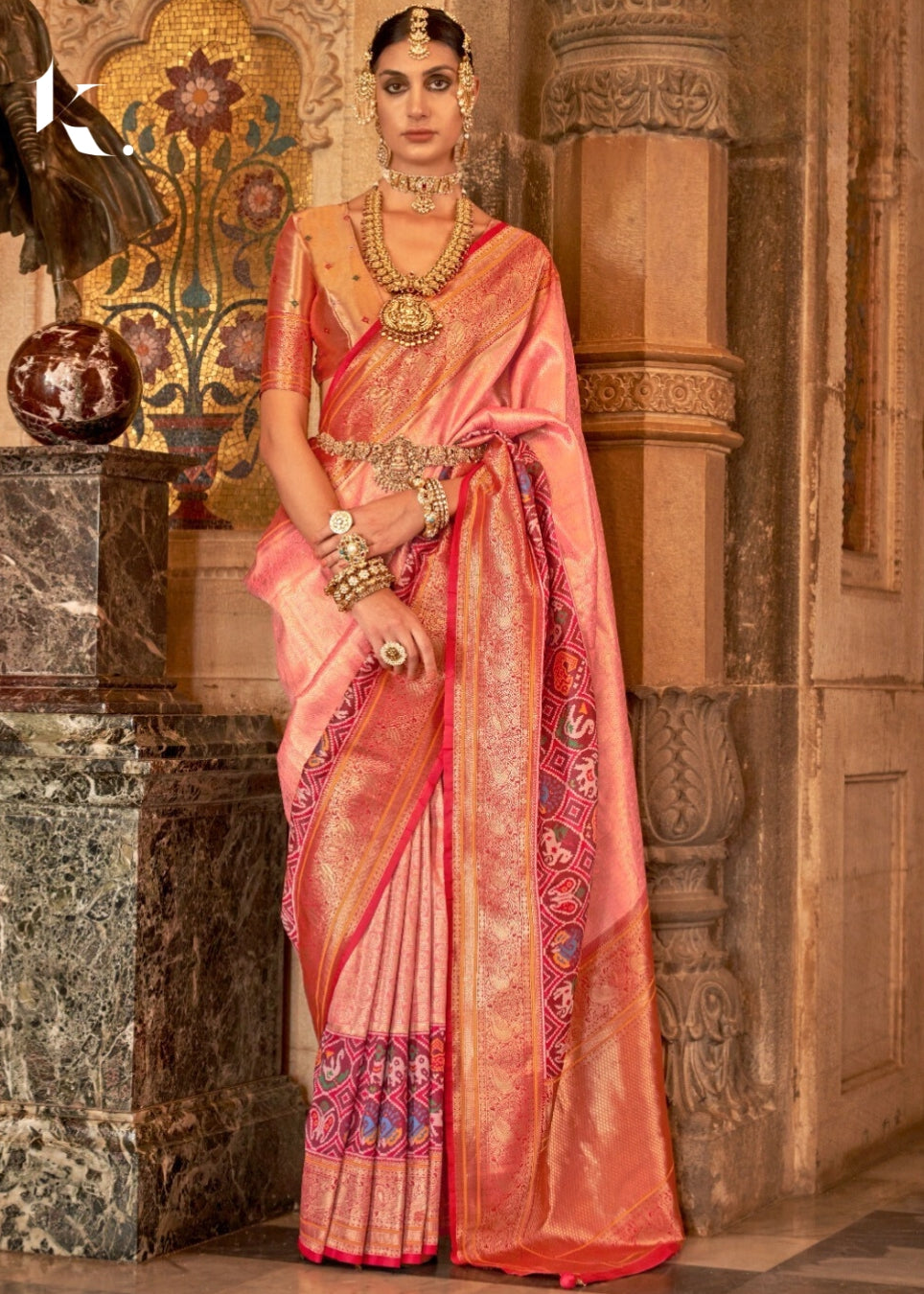 Pink Silk Banarasi Brocade Meenakari Design Zari Wedding Wear Saree - Ikonikbez