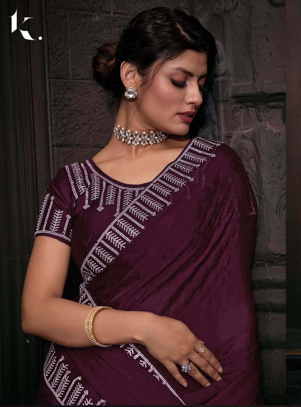 Wedding Special Designer Wine Satin Chiffon saree with Heavy Handwork Zircon Border