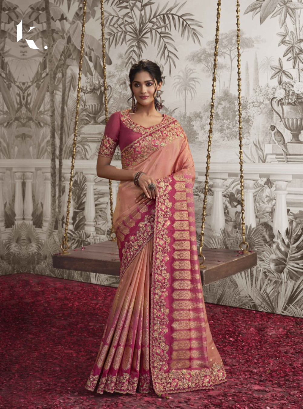 Buy Beautiful Cream Silk Wedding Saree in USA @ Inddus.com.