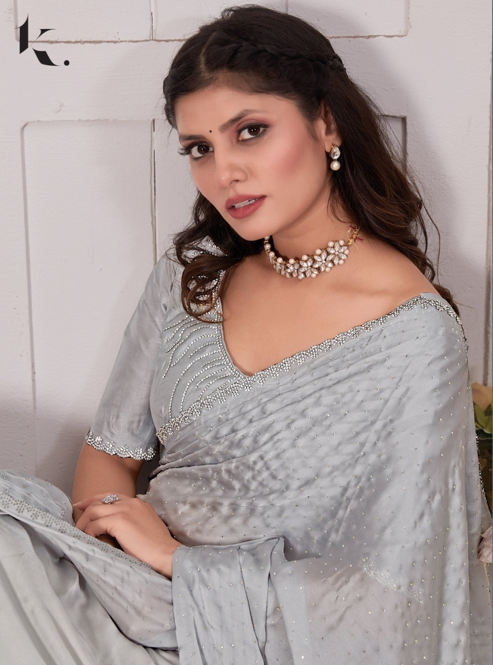 Grey Satin Georgette Fabric With All Over Stone Work Cocktail Wear Saree