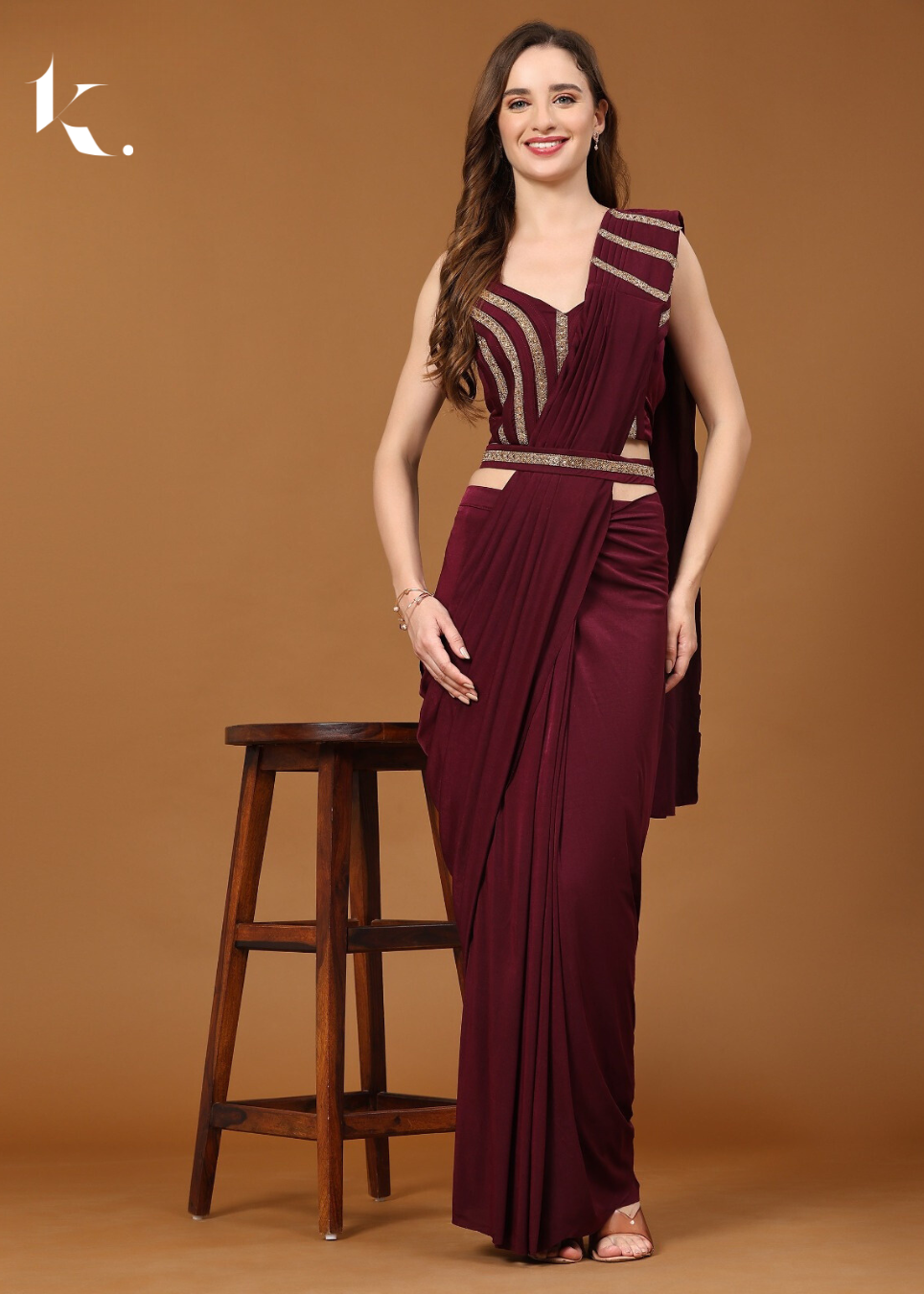 Maroon Imported Crystal Fabric Ready to Wear Pre-stitched Pleated Saree - Ikonikbez