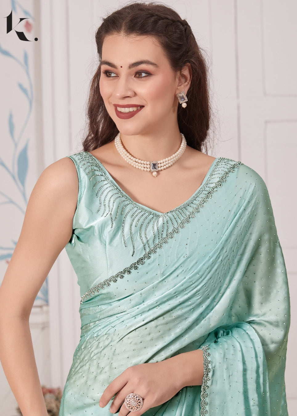 Sky Blue Satin Georgette Fabric With All Over Stone Work Cocktail Wear Saree