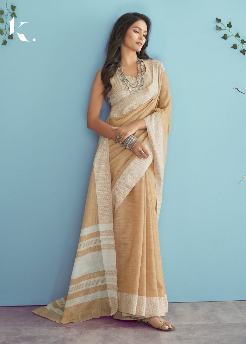 Beige Soft Linen Silk Chikankari Weaved Saree