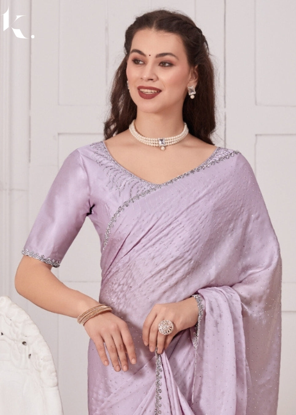 Lilac Satin Georgette Fabric With All Over Stone Work Cocktail Wear Saree