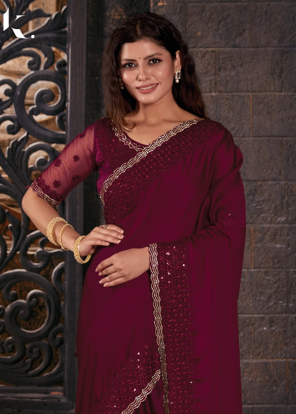 Maroon Satin Chiffon Fabric With Stone Work Festival Wear Saree