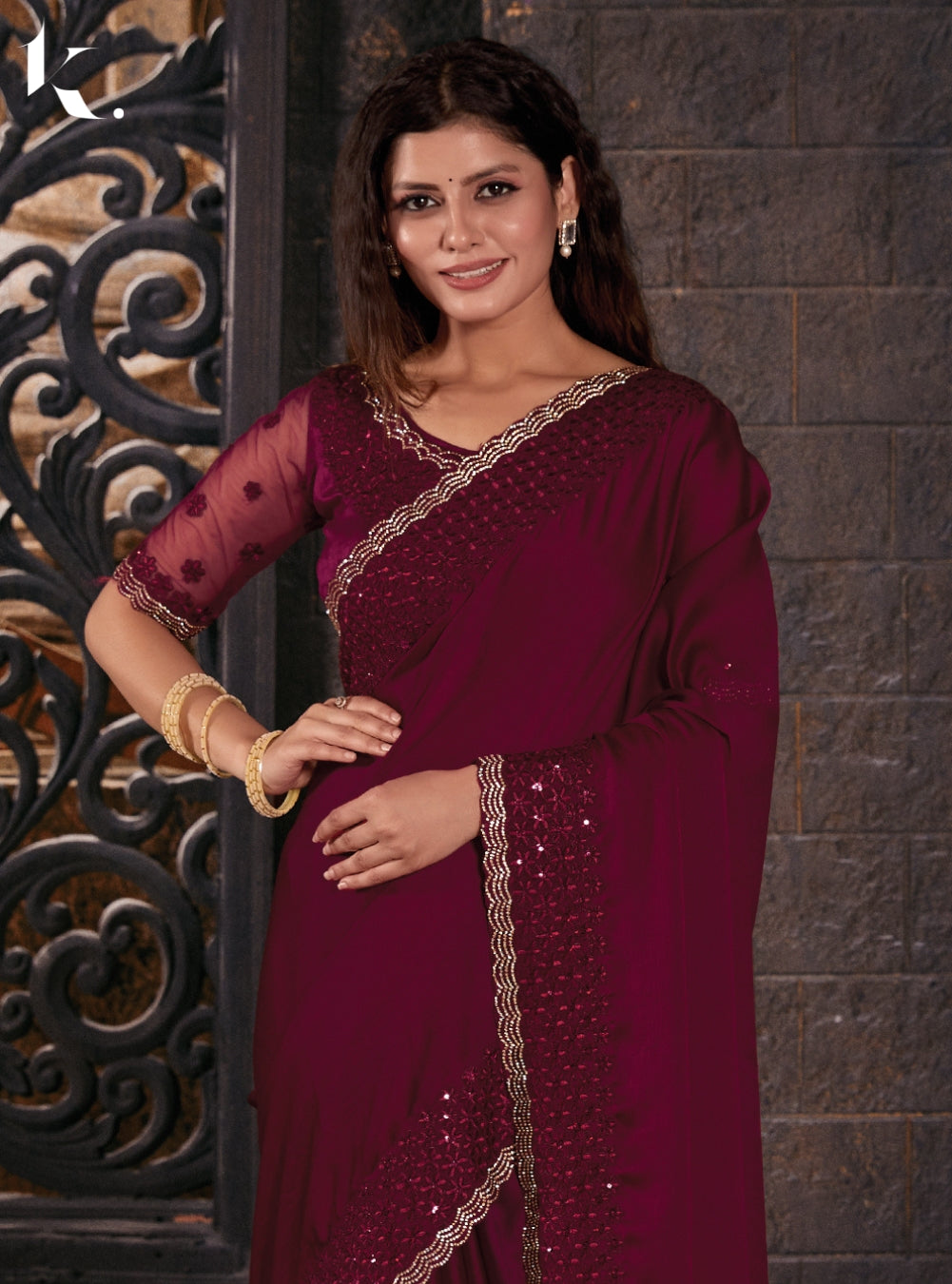 Maroon Satin Chiffon Fabric With Stone Work Festival Wear Saree