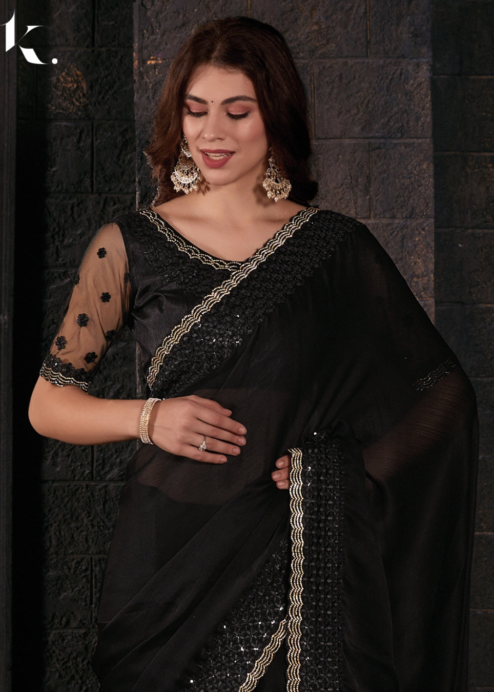 Black Satin Chiffon Fabric With Sequence Work Festival Wear Saree