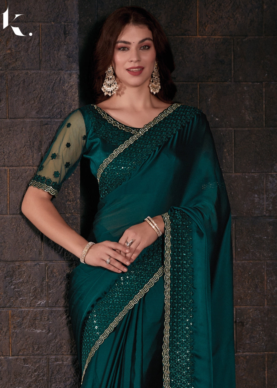 Bottle Green Satin Chiffon Fabric With Sequence Work Festival Wear Saree