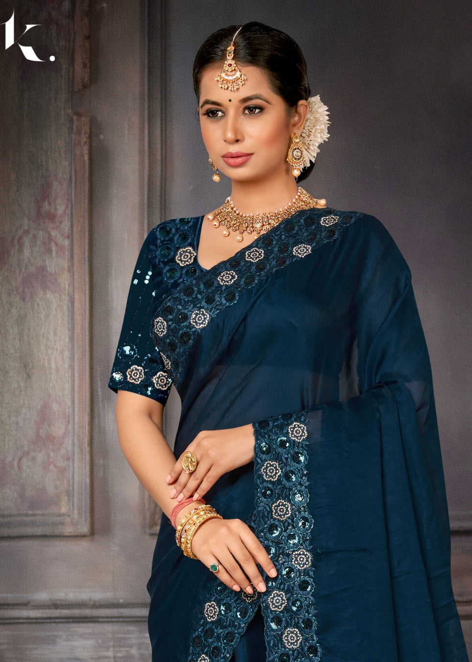 Teal Blue Positano Georgette Fabric With Sequins Wedding Wear Saree