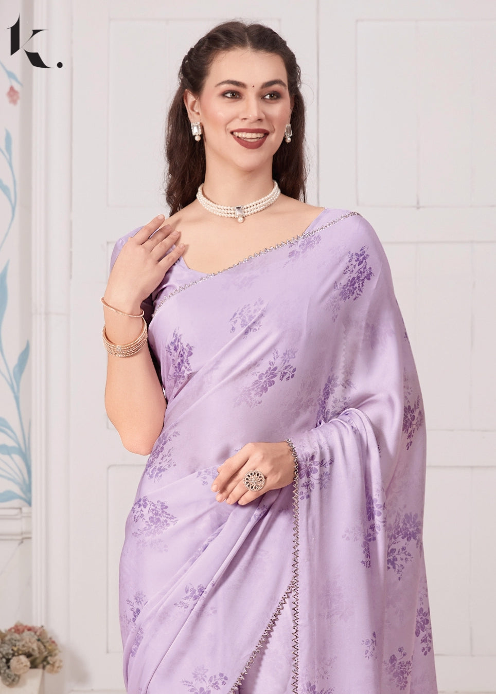 Lilac Satin Georgette Fabric With Swarovski Work Farewell Wear Saree