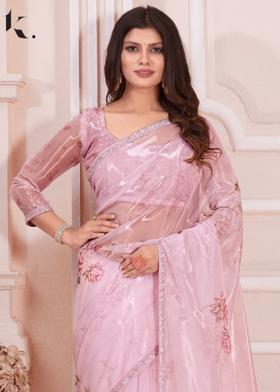 Pink Glass Organza Fabric With Zircon Stone Work Party Wear Saree