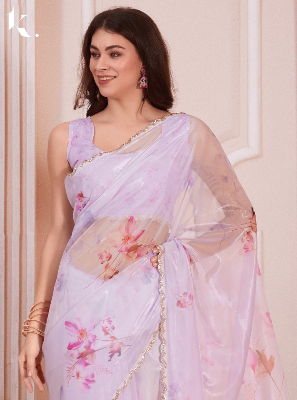 Lilac Glass Organza Fabric With Zircon Stone Work Party Wear Saree