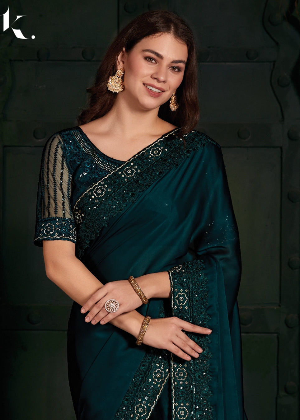 Teal Green Satin Georgette Fabric With Swarovski Work Wedding  Saree