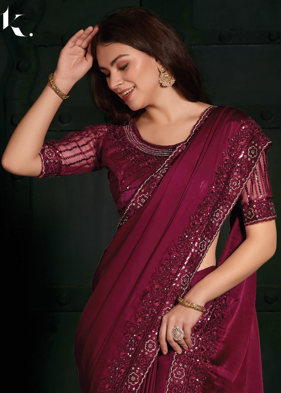 Maroon Satin Georgette Fabric With Swarovski Work Wedding Saree- ikonikbez