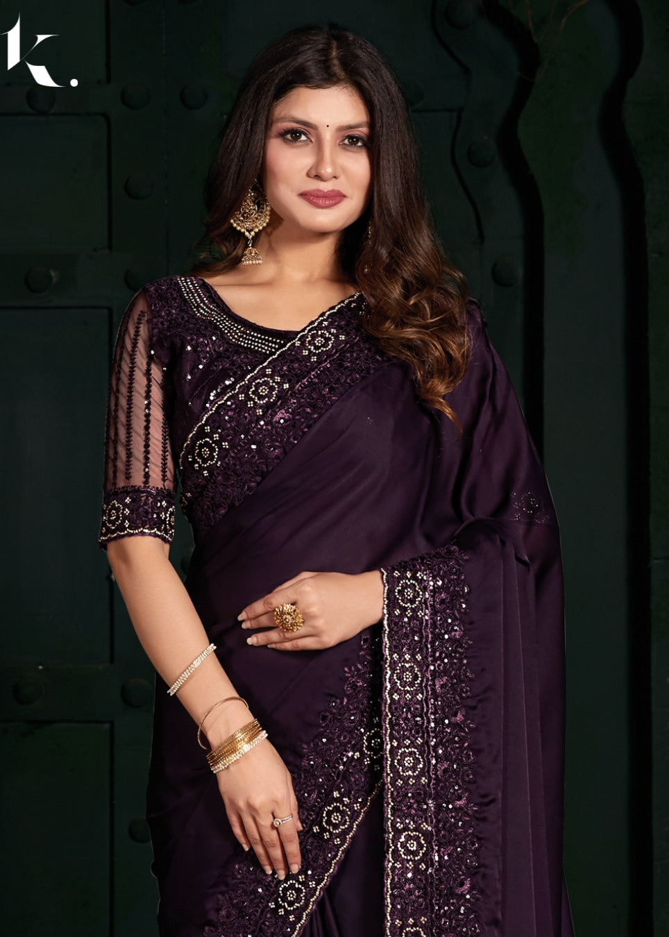 Violet Satin Georgette Fabric With Swarovski Work Wedding Saree