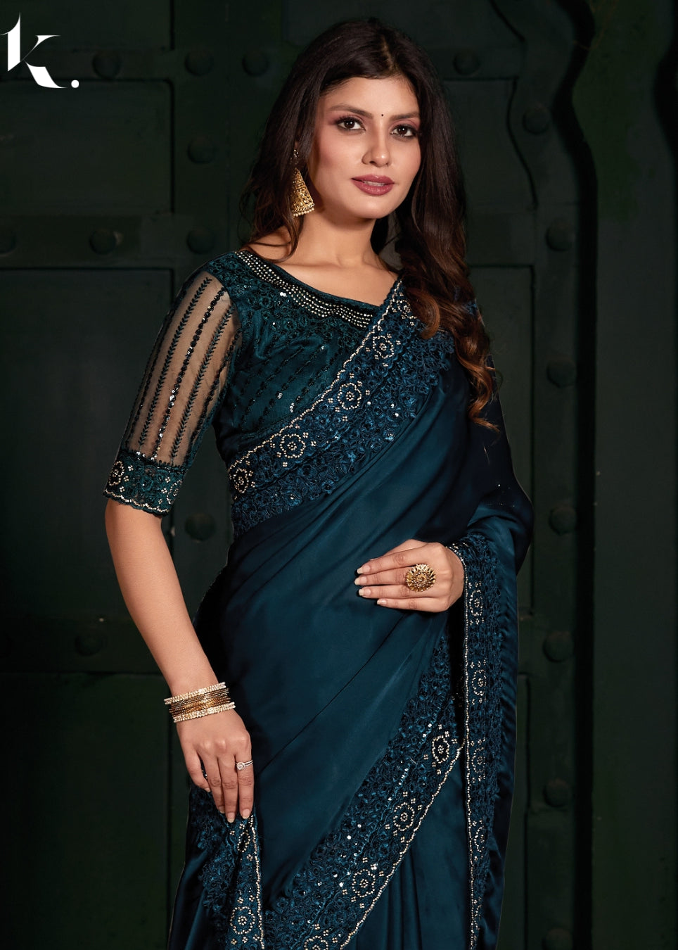 Teal Blue Satin Georgette Fabric With Swarovski Work Wedding Saree