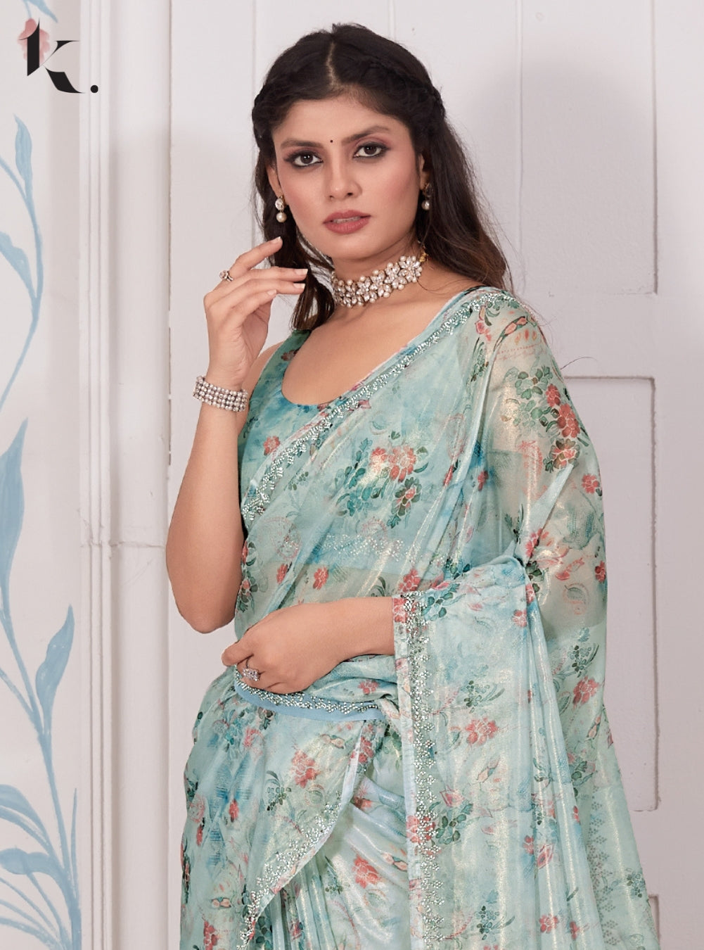 Sky Blue Georgette Organza Fabric With Stone Work Cocktail Wear Saree