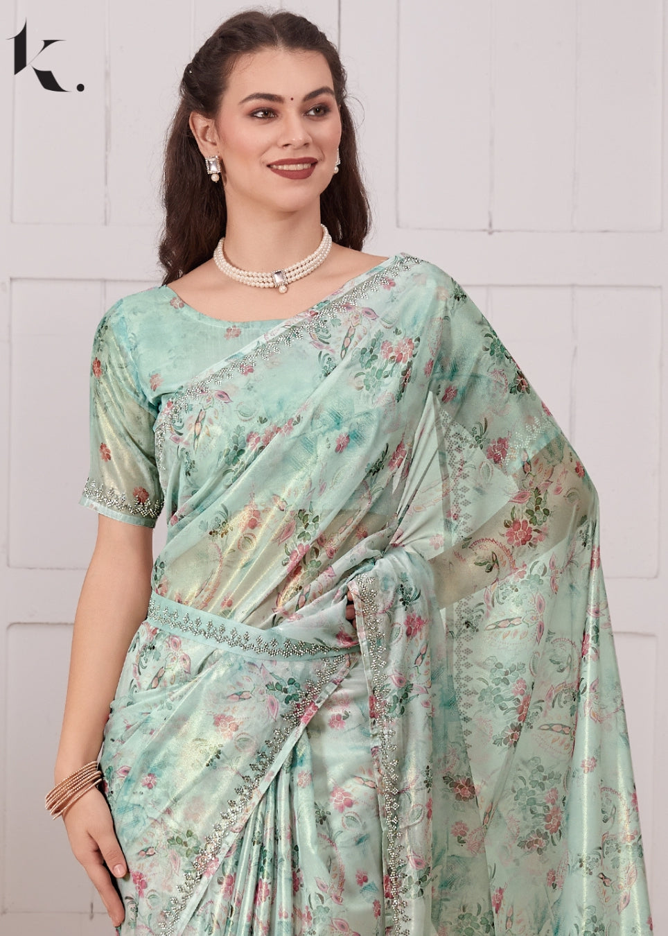 Green Georgette Organza Fabric With Stone Work Cocktail Wear Saree