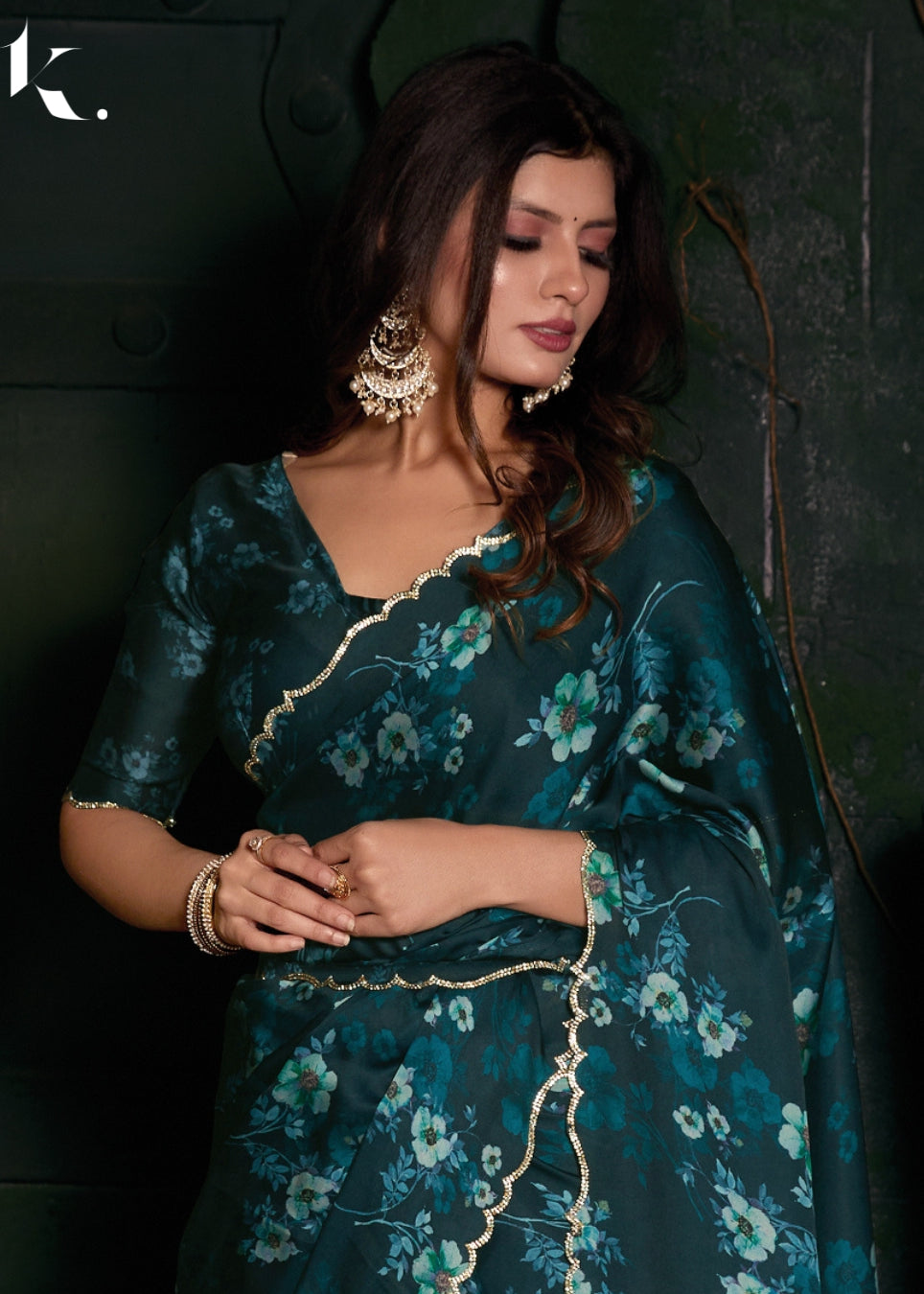 Teal Green Satin Georgette Fabric With Stone Work Party Wear Saree