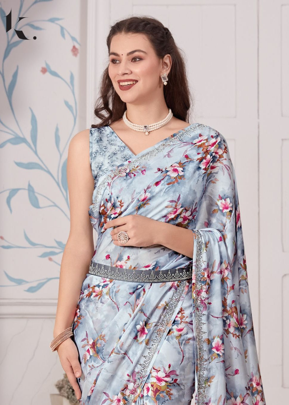 Grey Satin Georgette Fabric With Stone Work Farewell Wear Saree