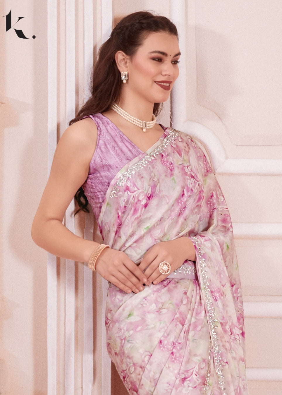 Pink Satin Georgette Fabric With Stone Work Farewell Wear Saree