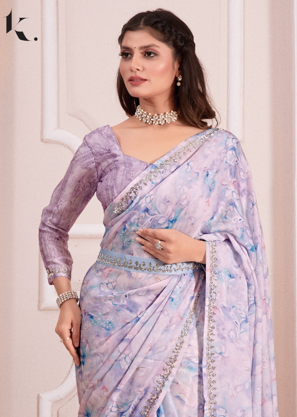 Lavender Satin Georgette Fabric With Stone Work Farewell Wear Saree